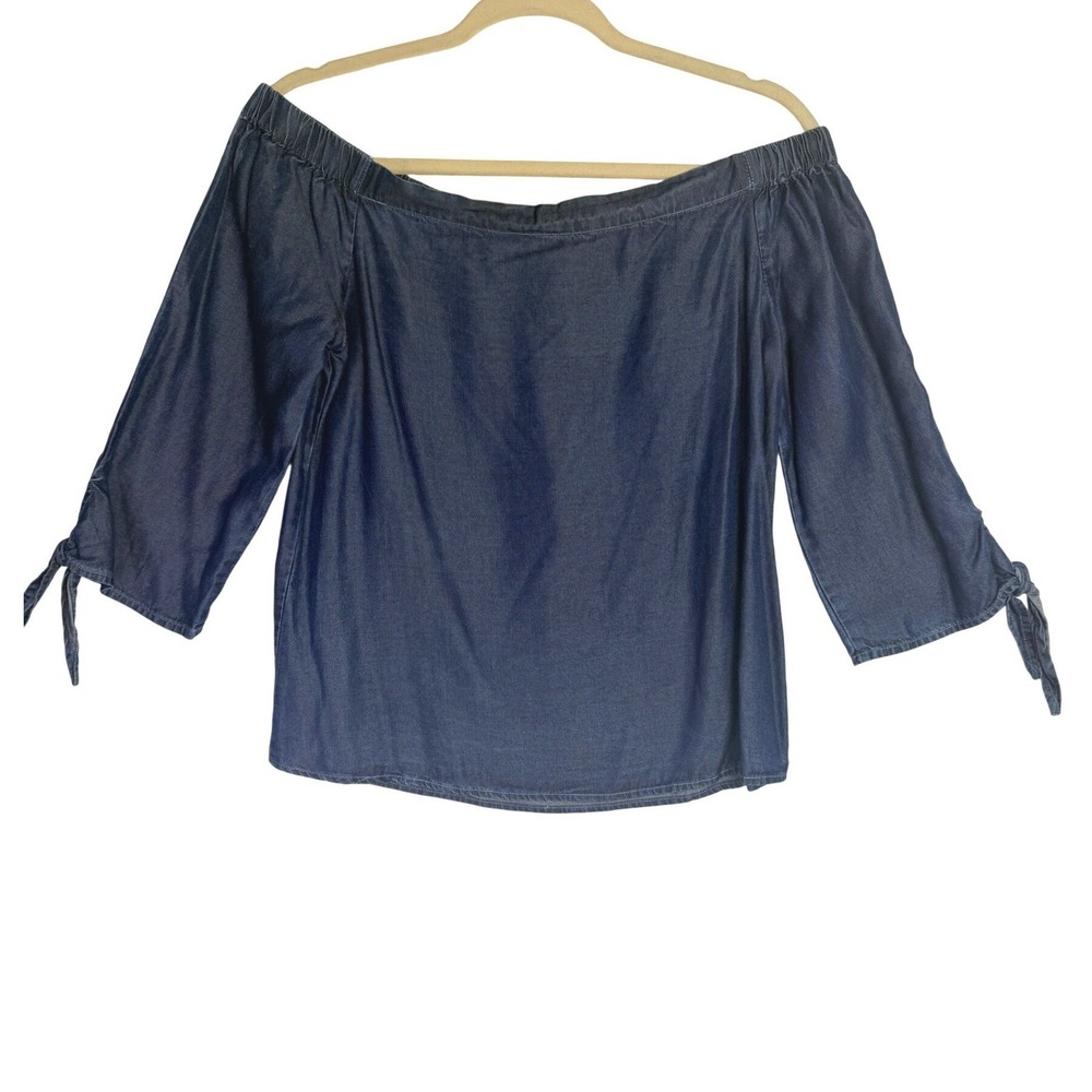 Miami Women Blue Tencel Off The Shoulder Tie Sleeve Blouse‎ Top Medium